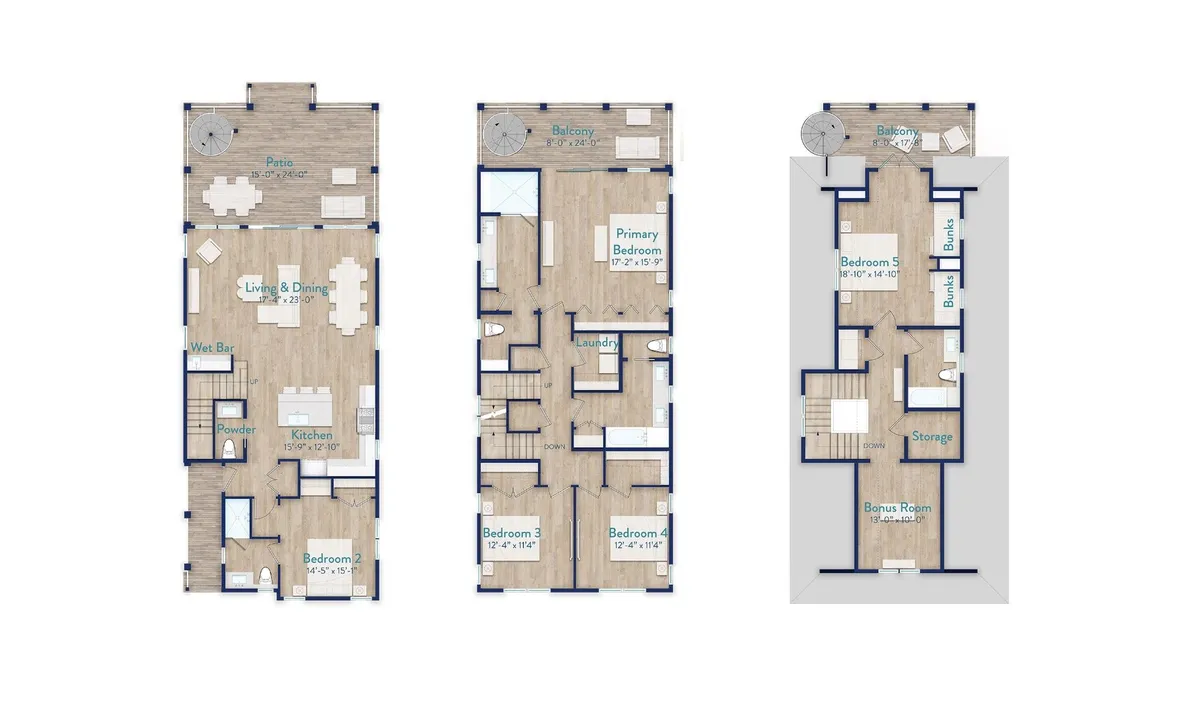 A spacious open living and dining area with a wet bar flows out to a private, furnished patio. The image also hints at multiple gathering zones, including bonus rooms and bunk beds, with large windows offering glimpses of outdoor views.