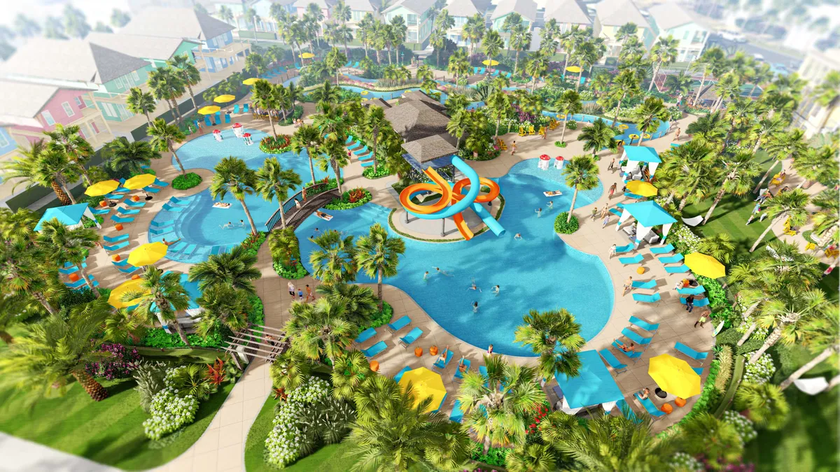 This vibrant exterior image showcases the large resort pool surrounded by colorful water slides, a lazy river, and poolside lounge chairs shaded by yellow and blue umbrellas. Lush tropical landscaping and palm trees create an inviting, energetic atmosphere. Families and friends can be seen swimming, floating in the lazy river, and relaxing by the pool, embodying the fun and relaxation promised by the resort.